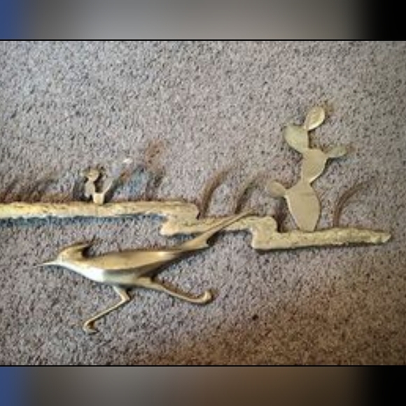 Brian Bijan Brass Cactus Roadrunner Vintage 1980s Wall Art